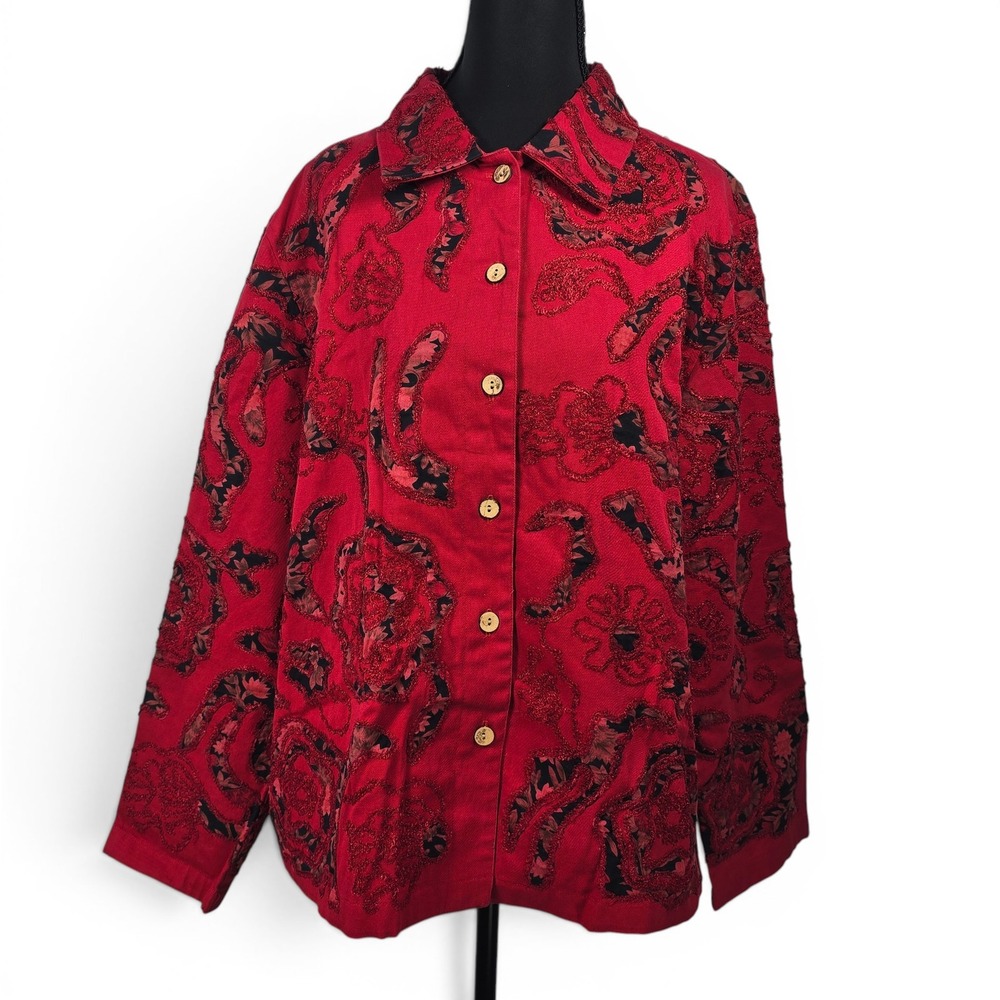 TravelSmith Womens‎ Red Black Floral Paisley Embroidered Button Up Jacket Large